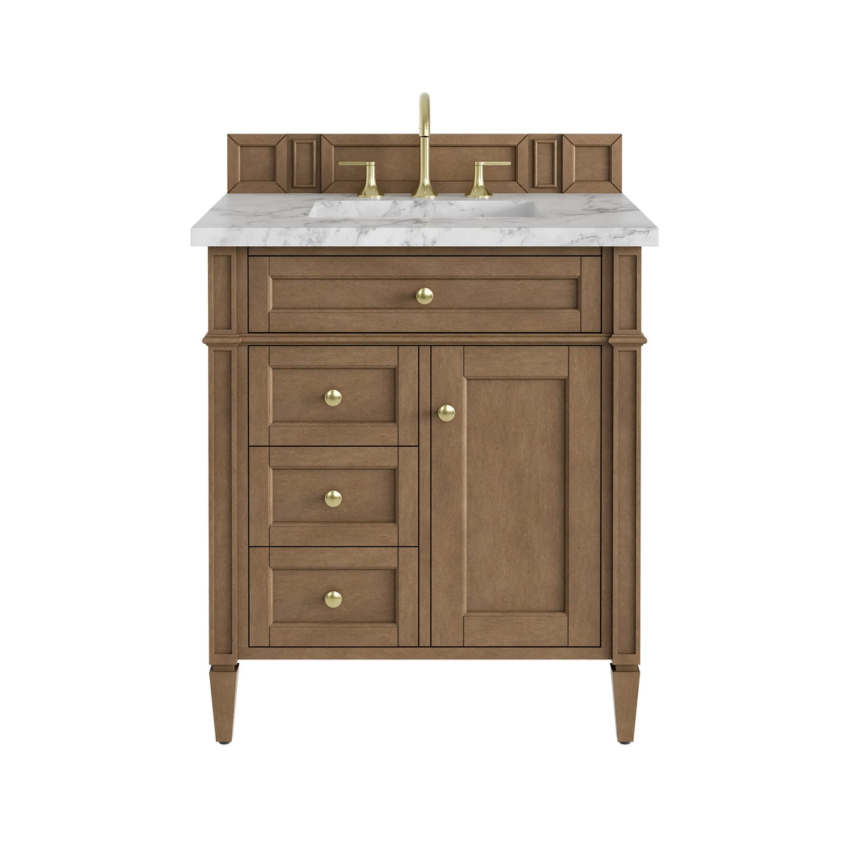 Brittany 30" Single Vanity, Pecan w/ 3 CM Carrara Marble Top