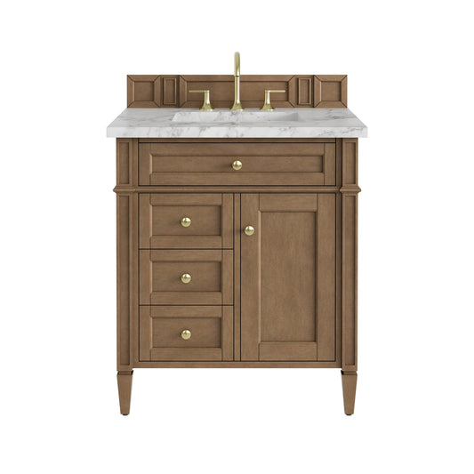 Brittany 30" Single Vanity, Pecan w/ 3 CM Carrara Marble Top