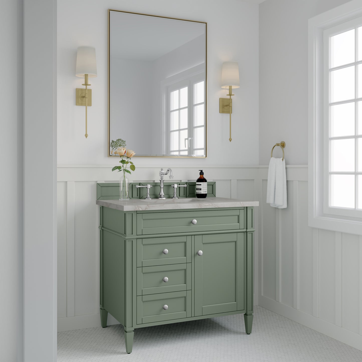 Renovate for Less Atlanta Brittany 36" Single Vanity, Smokey Celadon w/ 3 CM Victorian Silver Top