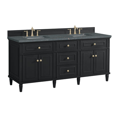 Renovate for Less Atlanta Lorelai 72" Double Vanity, Black Onyx w/ 3 CM Parisien Bleu Silestone Top w/FreePower Wireless Charger