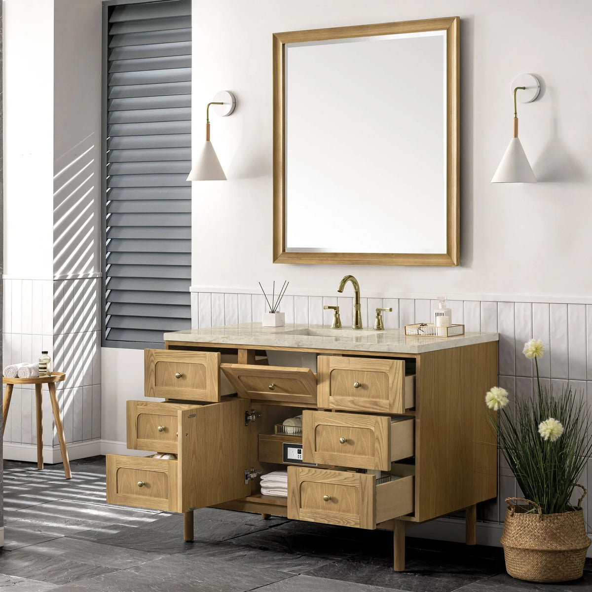 Laurent 48" Single Vanity, Light Natural Oak, w/ 3 CM Tajnar Eclos Top w/FreePower Wireless Charger