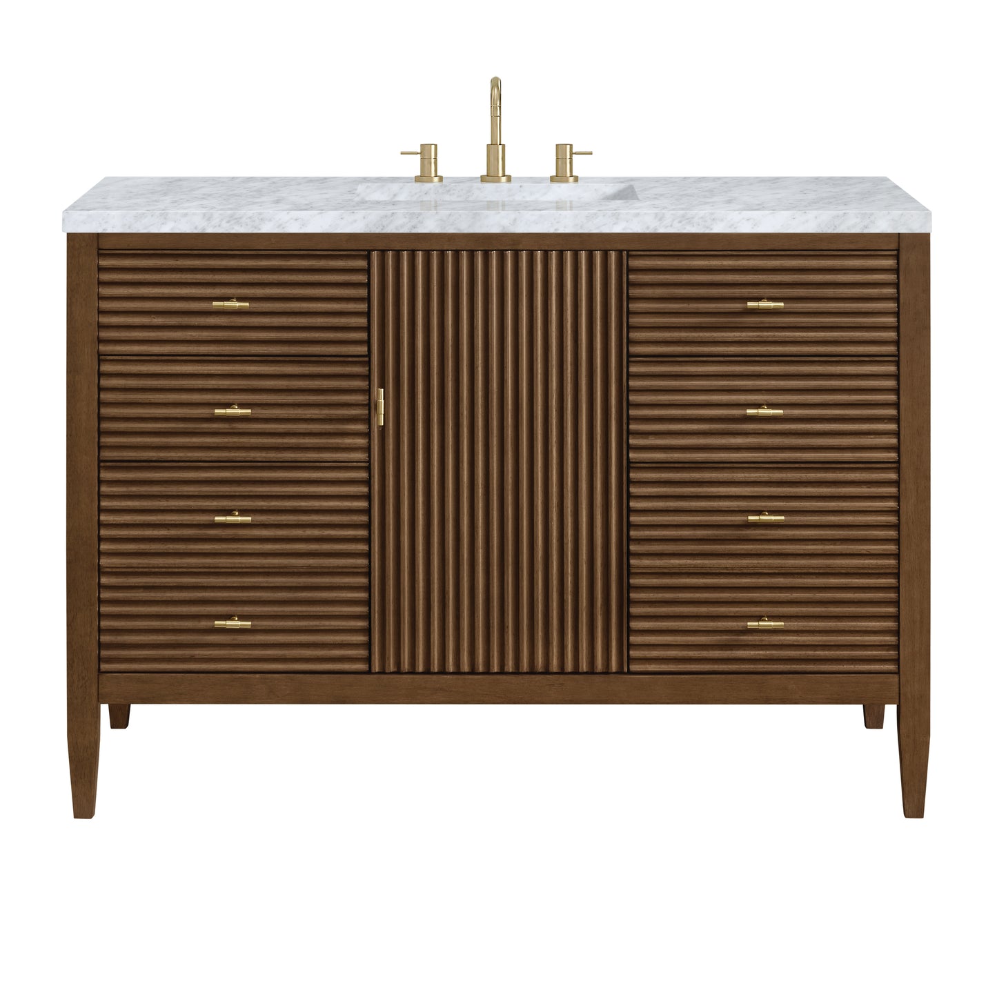 Renovate for Less Atlanta Myrrin 48" Single Vanity, Mid Century Walnut w/ 3 CM Carrara White Marble Top