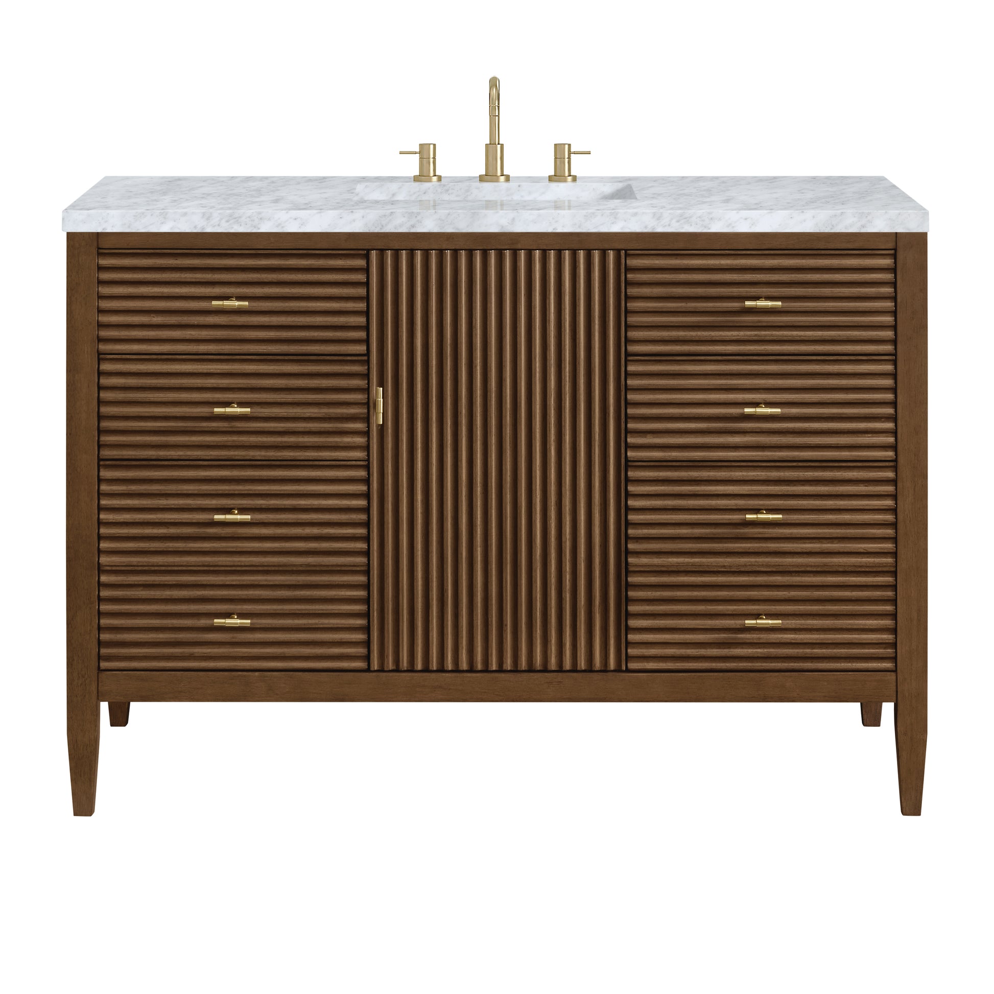 Renovate for Less Atlanta Myrrin 48" Single Vanity, Mid Century Walnut w/ 3 CM Carrara White Marble Top