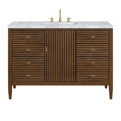 Renovate for Less Atlanta Myrrin 48" Single Vanity, Mid Century Walnut w/ 3 CM Carrara White Marble Top