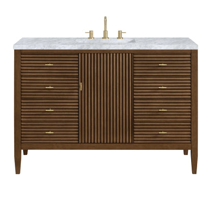 Myrrin 48" Single Vanity, Mid Century Walnut w/ 3 CM Carrara White Marble Top