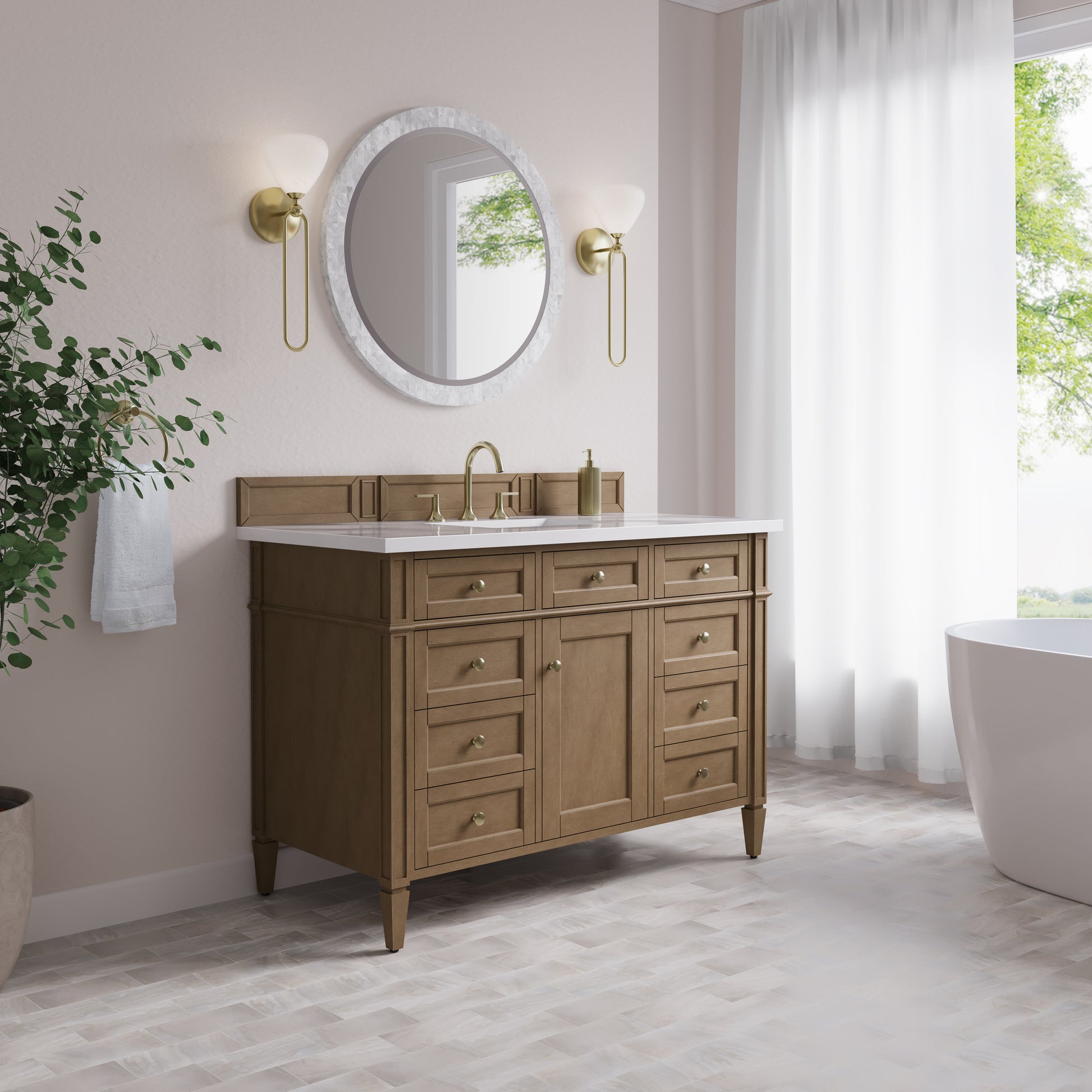 Renovate for Less Atlanta Brittany 48" Single Vanity, Pecan w/ 3 CM White Zeus Silestone Top