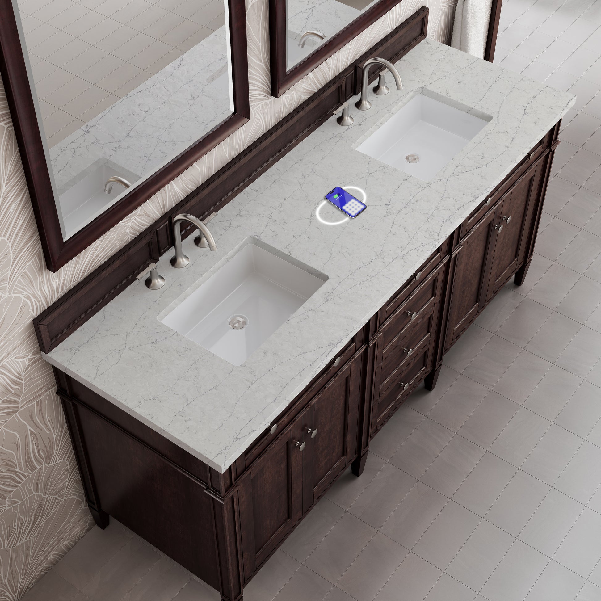 Renovate for Less Atlanta Brittany 72" Double Vanity, Burnished Mahogany w/ 3 CM Eternal Jasmine Pearl Silestone Top w/FreePower Wireless Charger