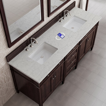 Renovate for Less Atlanta Brittany 72" Double Vanity, Burnished Mahogany w/ 3 CM Eternal Jasmine Pearl Silestone Top w/FreePower Wireless Charger