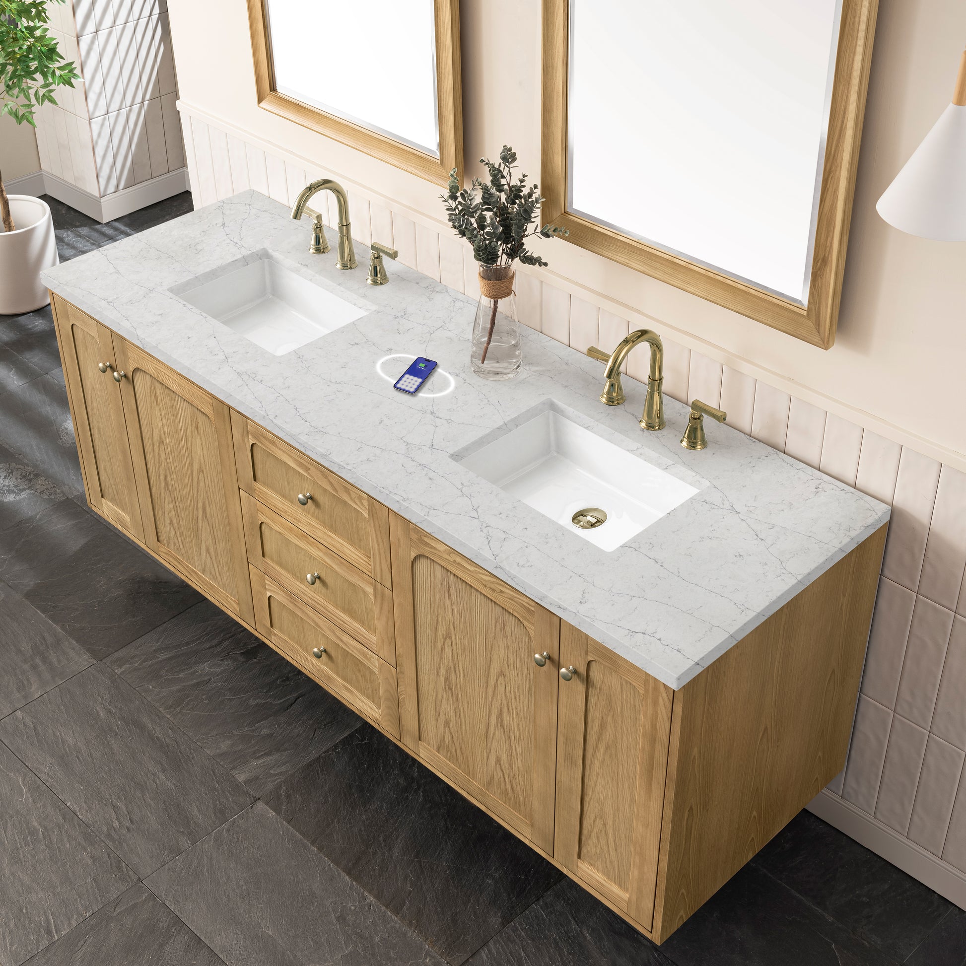 Renovate for Less Atlanta Laurent 72" Double Vanity, Light Natural Oak w/ 3 CM Eternal Jasmine Pearl Top w/FreePower Wireless Charger