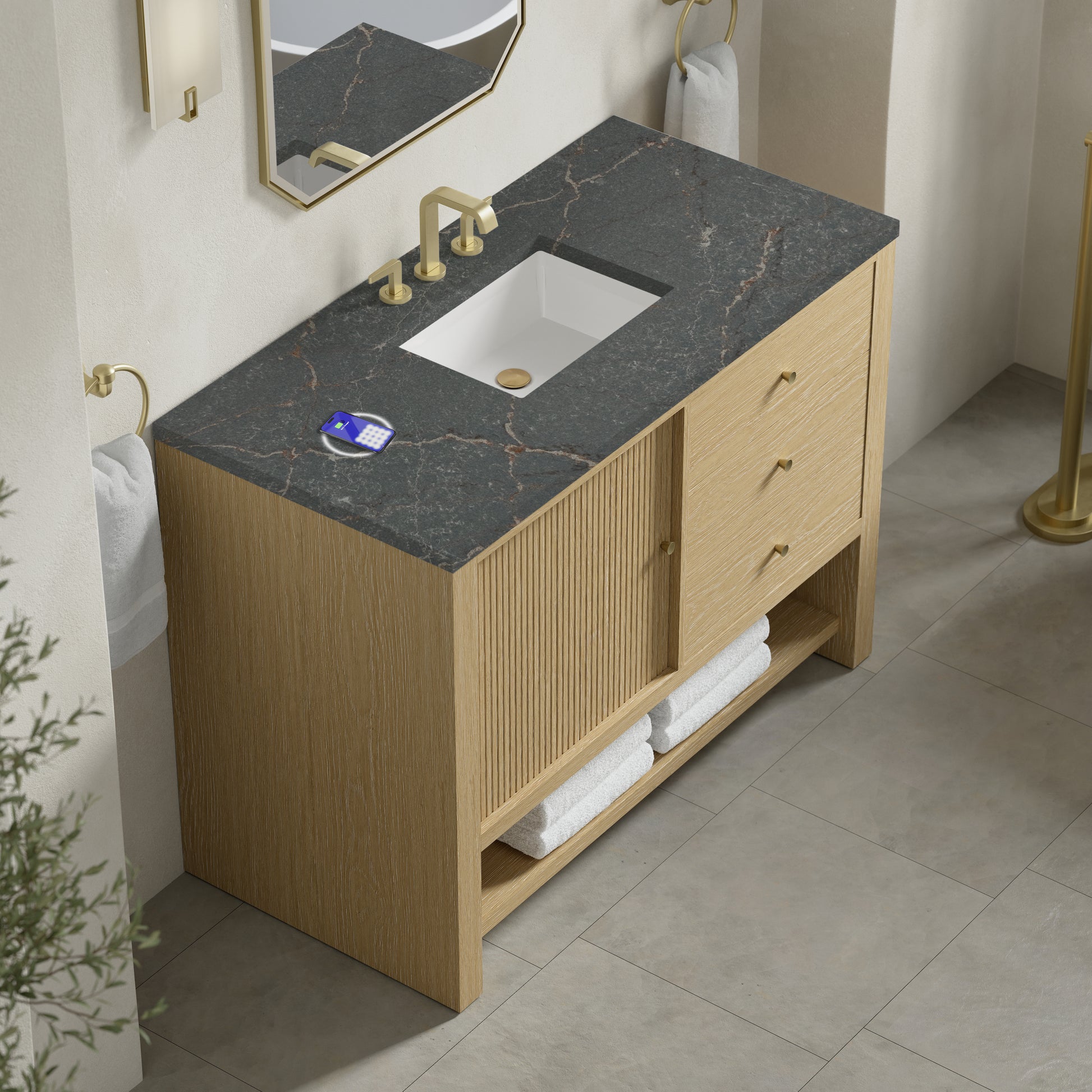 Renovate for Less Atlanta Marigot 48" Single Vanity, Sunwashed Oak w/ 3 CM Parisien Bleu Silestone Top w/ FreePower Wireless Charger