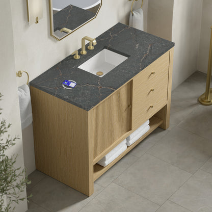 Renovate for Less Atlanta Marigot 48" Single Vanity, Sunwashed Oak w/ 3 CM Parisien Bleu Silestone Top w/ FreePower Wireless Charger