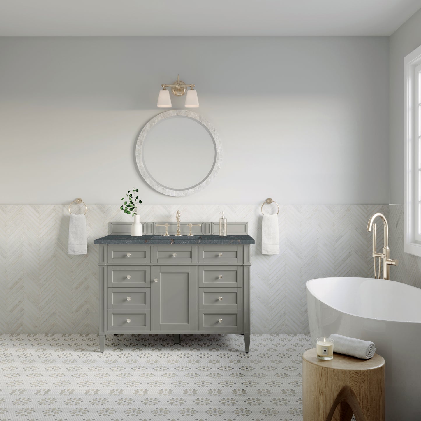 Renovate for Less Atlanta Brittany 48" Single Vanity, Urban Gray w/ 3 CM Parisien Bleu Silestone Top w/FreePower Wireless Charger