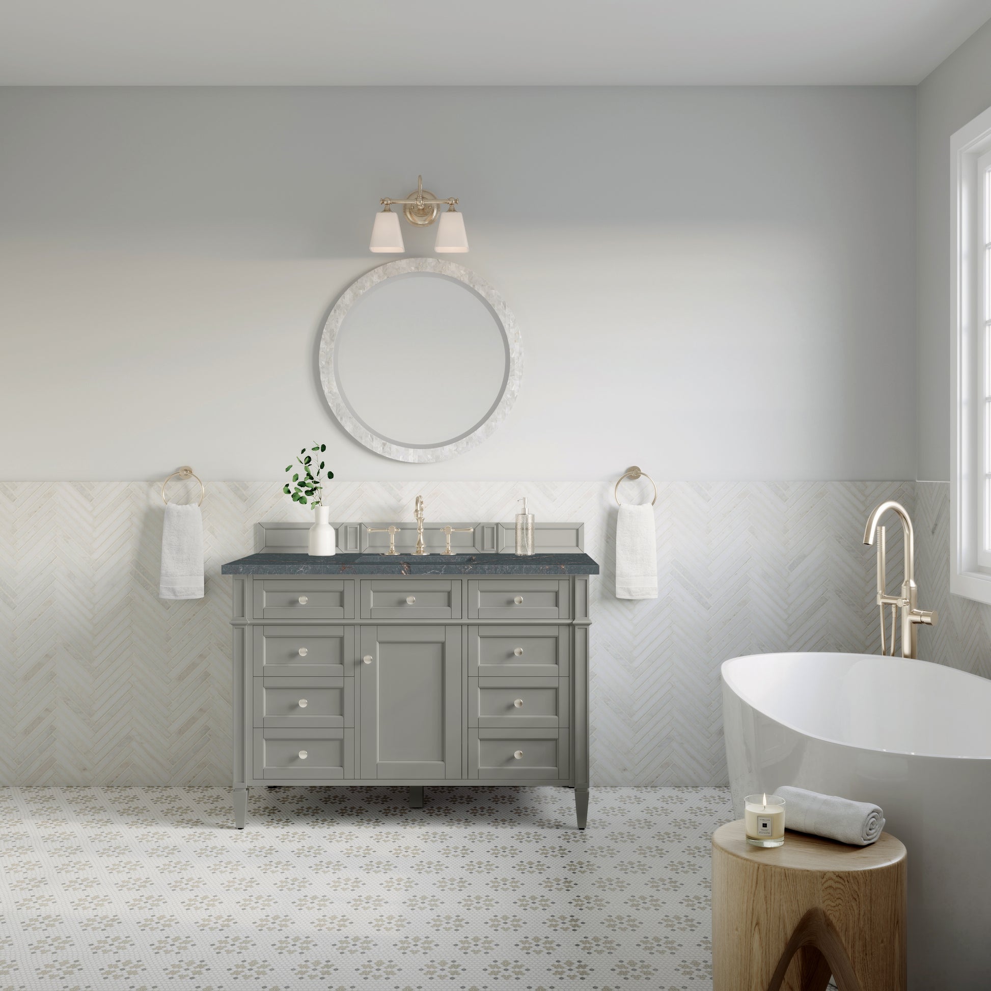 Renovate for Less Atlanta Brittany 48" Single Vanity, Urban Gray w/ 3 CM Parisien Bleu Silestone Top w/FreePower Wireless Charger