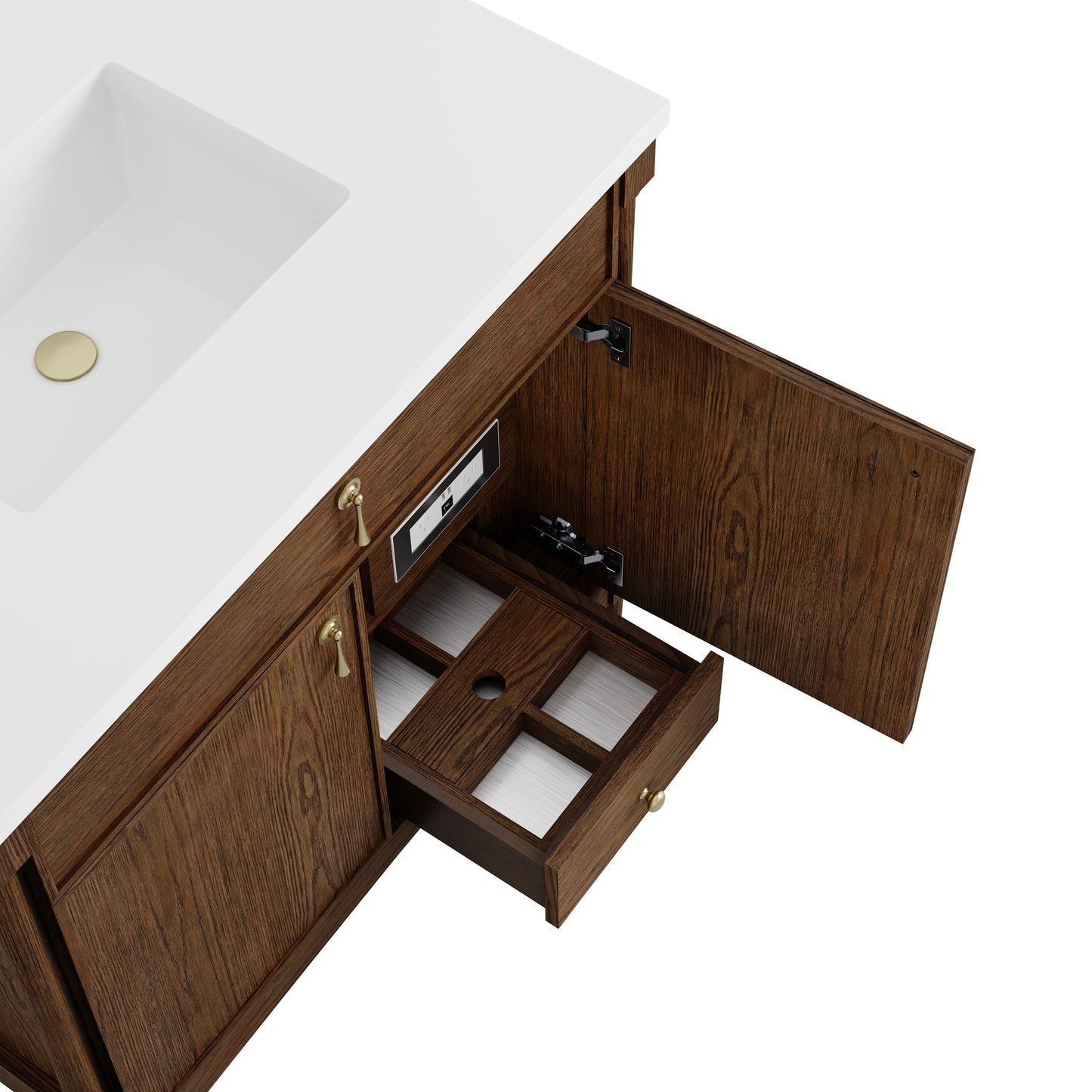 Renovate for Less Atlanta Kinnsden 36" Single Vanity, Sable Oak w/ 3 CM Eternal Jasmine Pearl Silestone Top