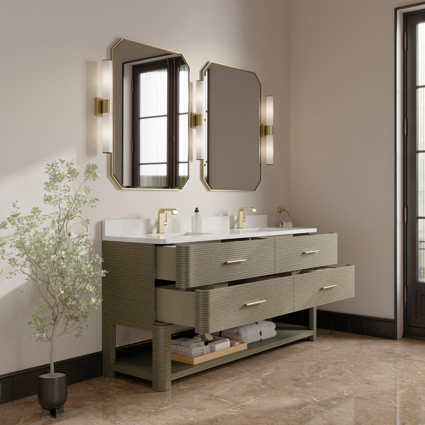Renovate for Less Atlanta Lucian 72" Double Vanity, Pebble Oak w/ 3 CM White Zeus Silestone Top