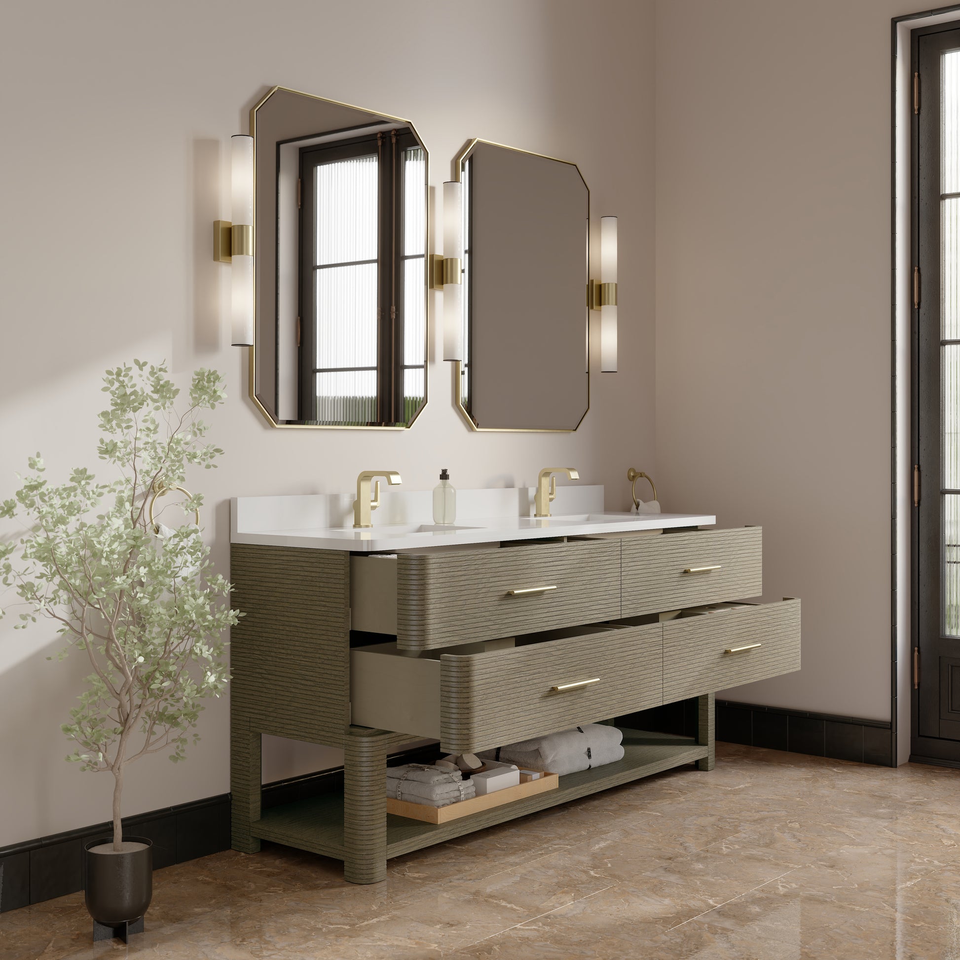 Renovate for Less Atlanta Lucian 72" Double Vanity, Pebble Oak w/ 3 CM White Zeus Silestone Top