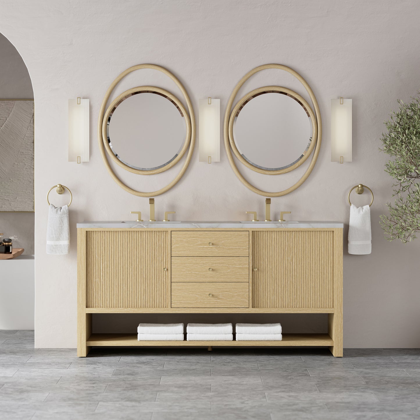 Renovate for Less Atlanta Marigot 72" Double Vanity, Sunwashed Oak w/ 3 CM Victorian Silver Silestone Top w/ FreePower Wireless Charger
