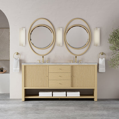 Renovate for Less Atlanta Marigot 72" Double Vanity, Sunwashed Oak w/ 3 CM Victorian Silver Silestone Top w/ FreePower Wireless Charger