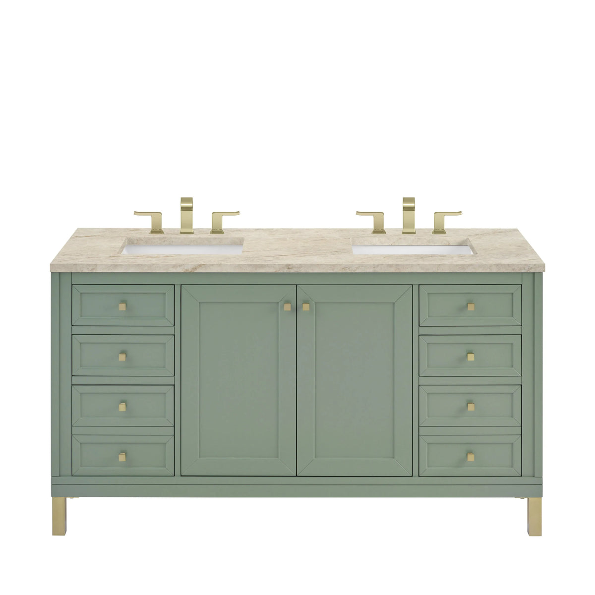 Chicago 60" Double Vanity, Smokey Celadon, w/ 3 CM Tajnar Eclos Top w/FreePower Wireless Charger