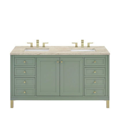 Chicago 60" Double Vanity, Smokey Celadon, w/ 3 CM Tajnar Eclos Top w/FreePower Wireless Charger