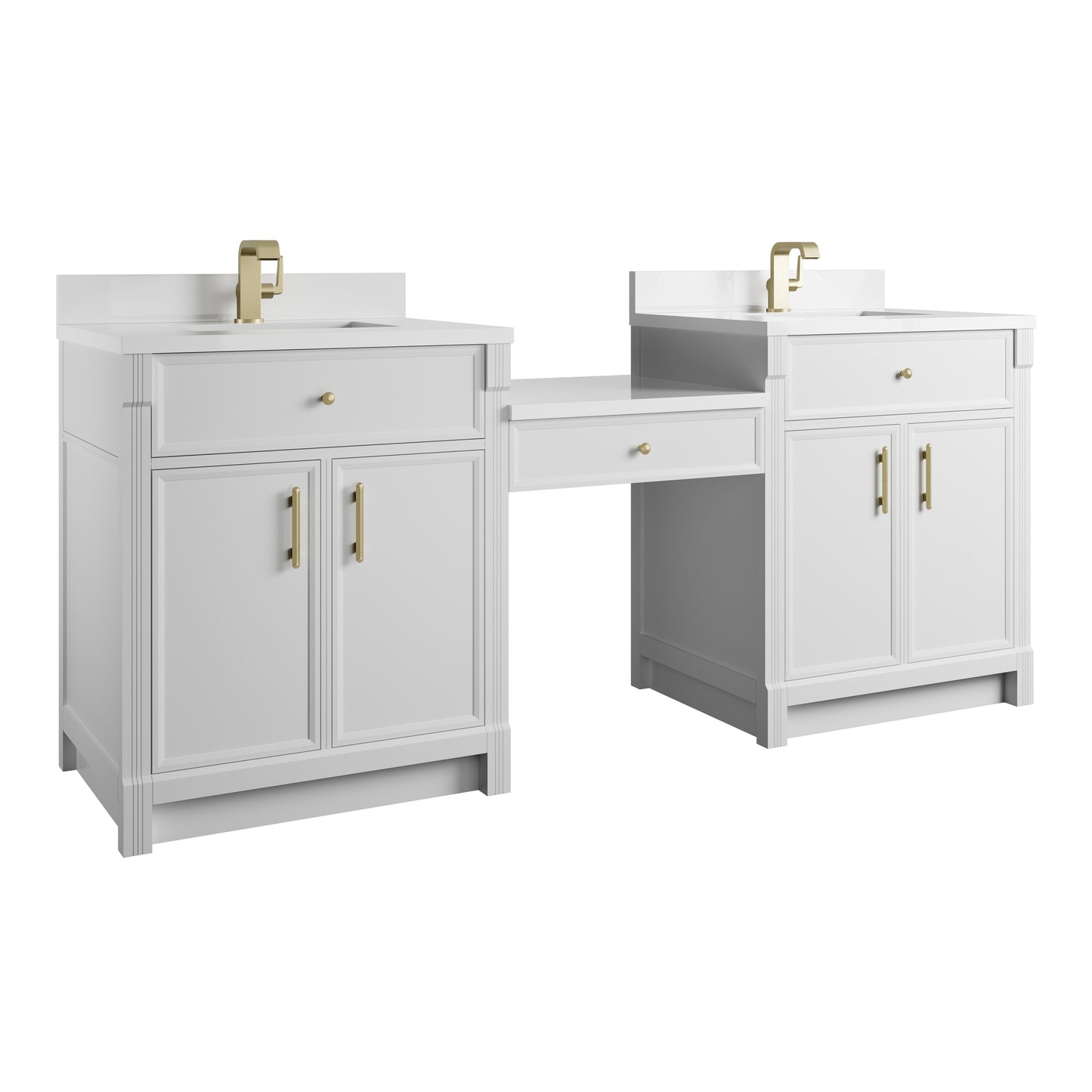 Renovate for Less Atlanta Bellshire 84" Dual Vanity Set with 24" Make-Up Counter, Bright White w/Single Hole 3 cm White Zeus Silestone Top & Backsplash