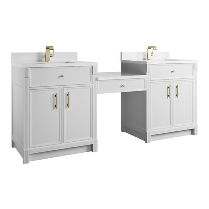Renovate for Less Atlanta Bellshire 84" Dual Vanity Set with 24" Make-Up Counter, Bright White w/Single Hole 3 cm White Zeus Silestone Top & Backsplash