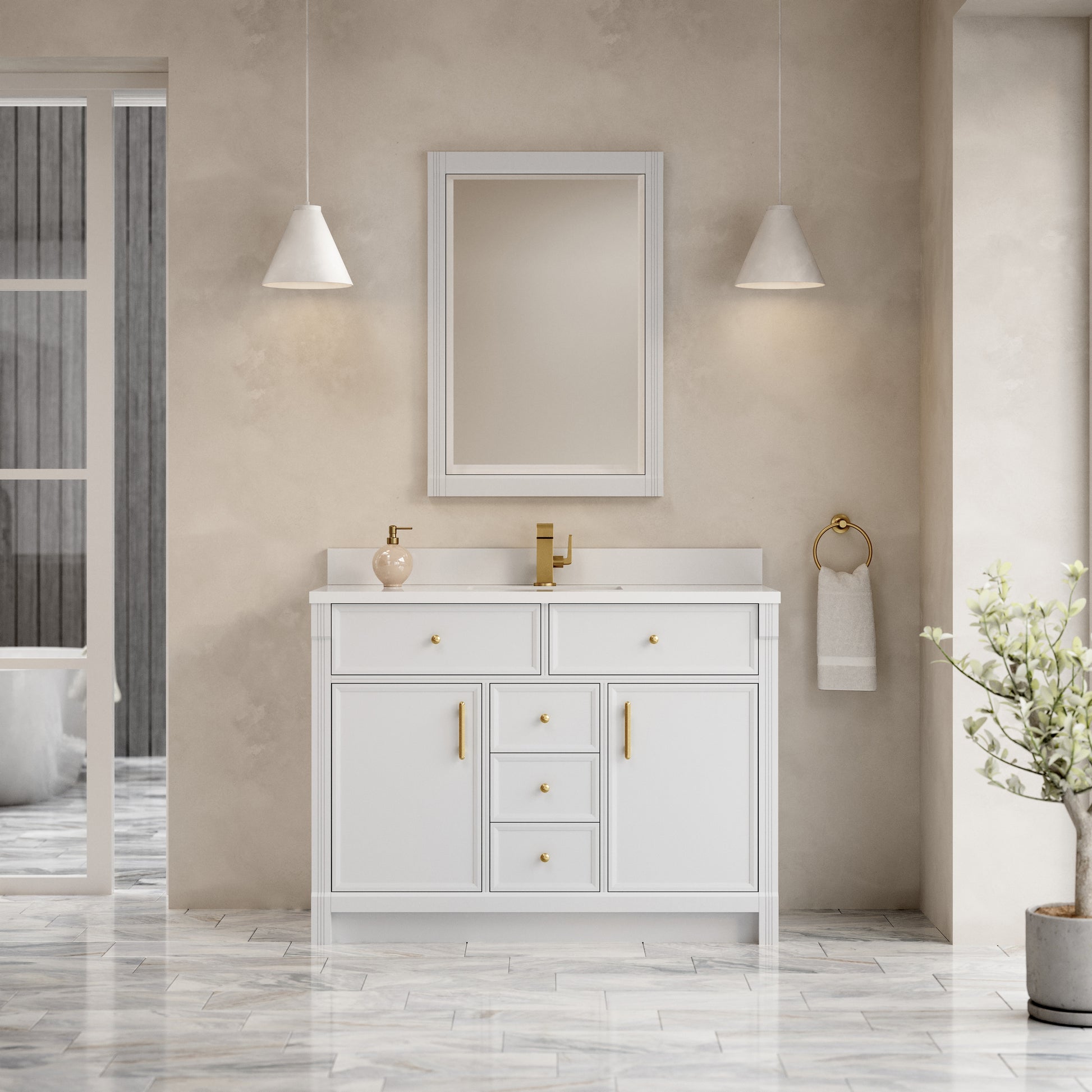 Renovate for Less Atlanta Bellshire 48" Single Vanity, Bright White w/ Single Hole 3 CM White Zeus Silestone Top and Matching Backsplash