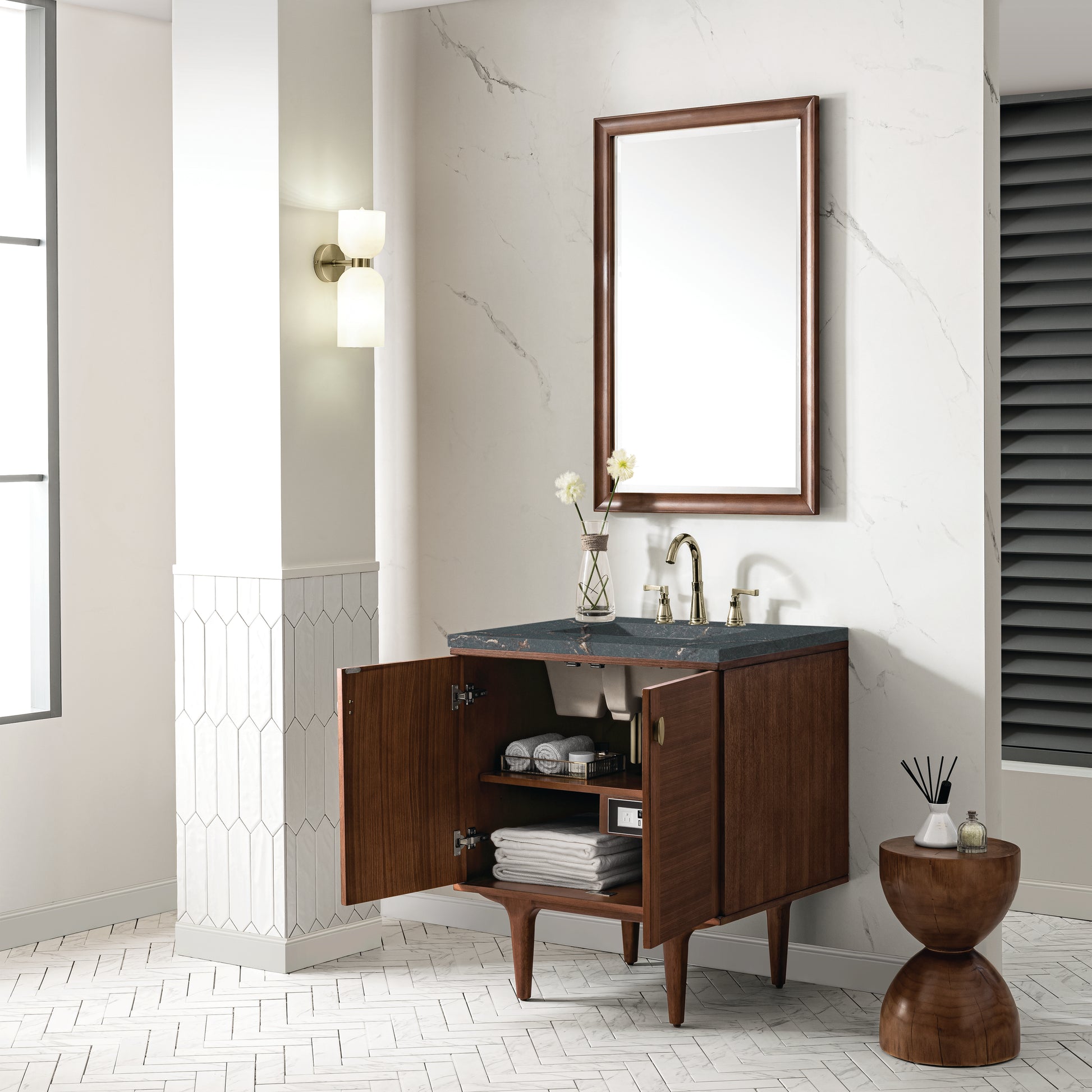 Renovate for Less Atlanta Amberly 30" Single Vanity, Mid-Century Walnut w/ 3 CM Parisien Bleu Top