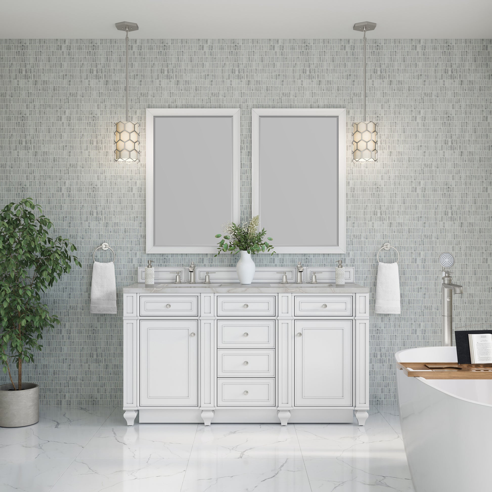 Renovate for Less Atlanta Bristol 60" Double Vanity, Bright White w/ 3 CM Victorian Silver Silestone Top