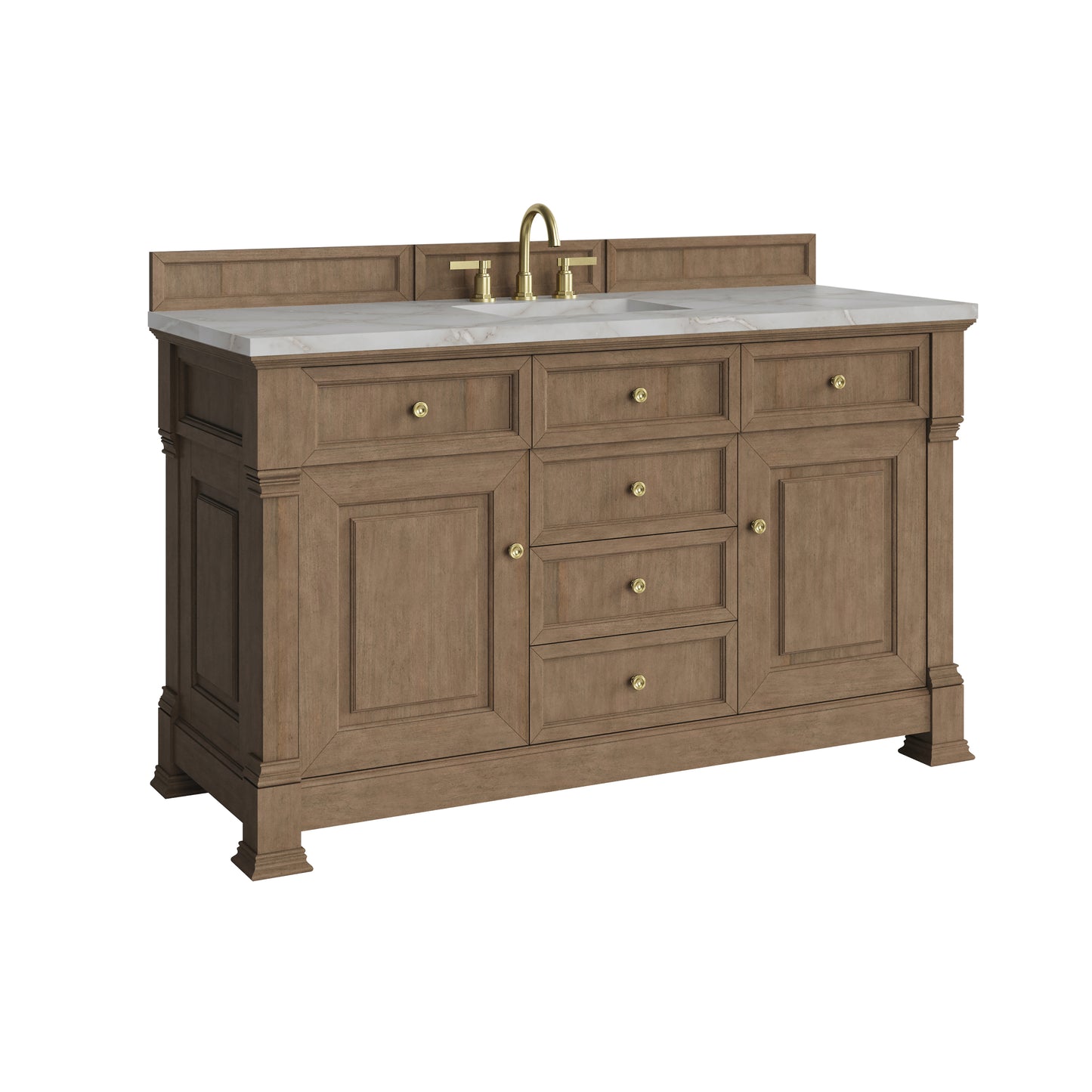 Renovate for Less Atlanta Brookfield 60" Single Vanity, Pecan w/ 3 CM Victorian Silver Silestone Top w/ FreePower Wireless Charger