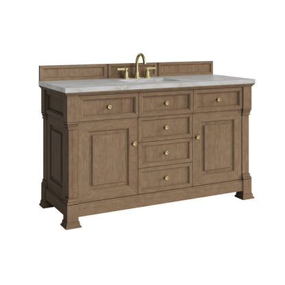 Renovate for Less Atlanta Brookfield 60" Single Vanity, Pecan w/ 3 CM Victorian Silver Silestone Top w/ FreePower Wireless Charger