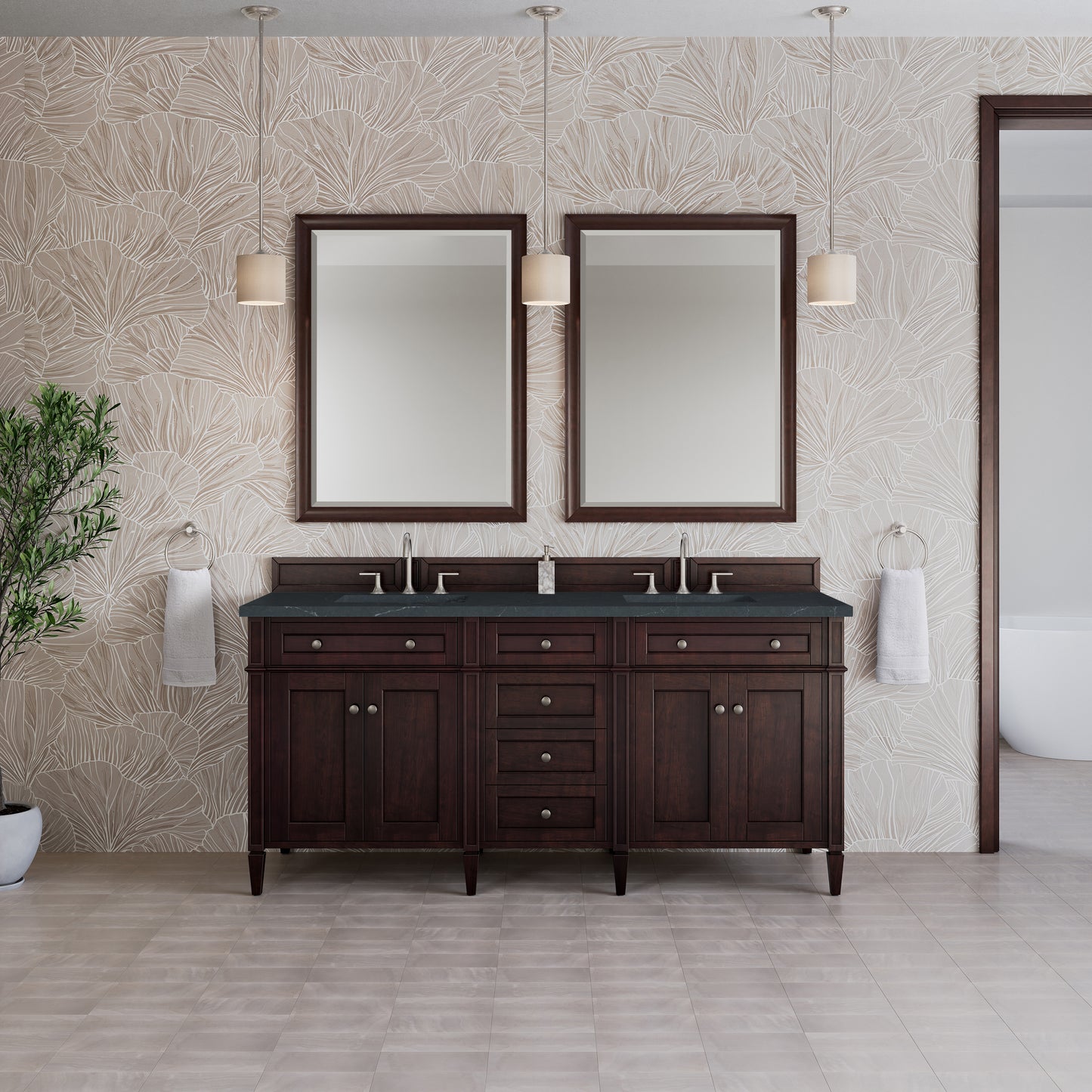 Renovate for Less Atlanta Brittany 72" Double Vanity, Burnished Mahogany w/ 3 CM Charcoal Soapstone Silestone Top