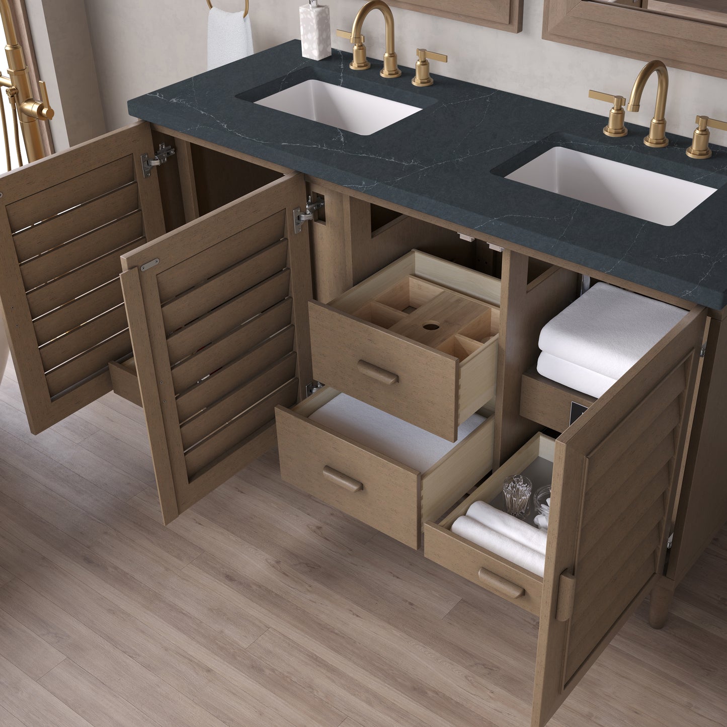 Renovate for Less Atlanta Portland 60" Double Vanity Whitewashed Walnut w/ 3 CM Charcoal Soapstone Silestone Top