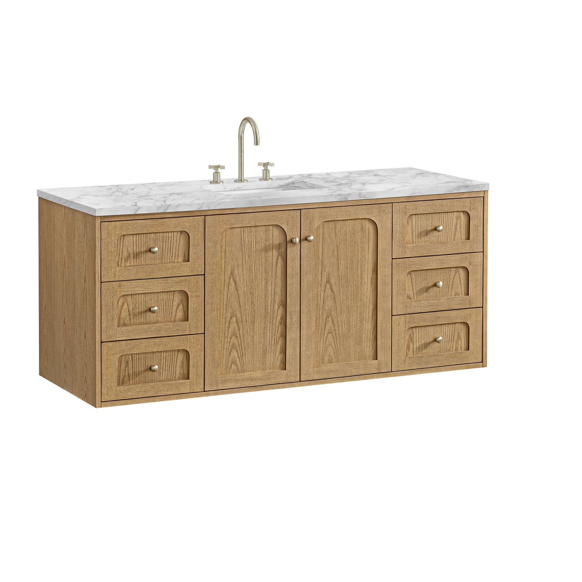 Renovate for Less Atlanta Laurent 60" Single Vanity, Light Natural Oak, w/ 3 CM Carrara Marble Top
