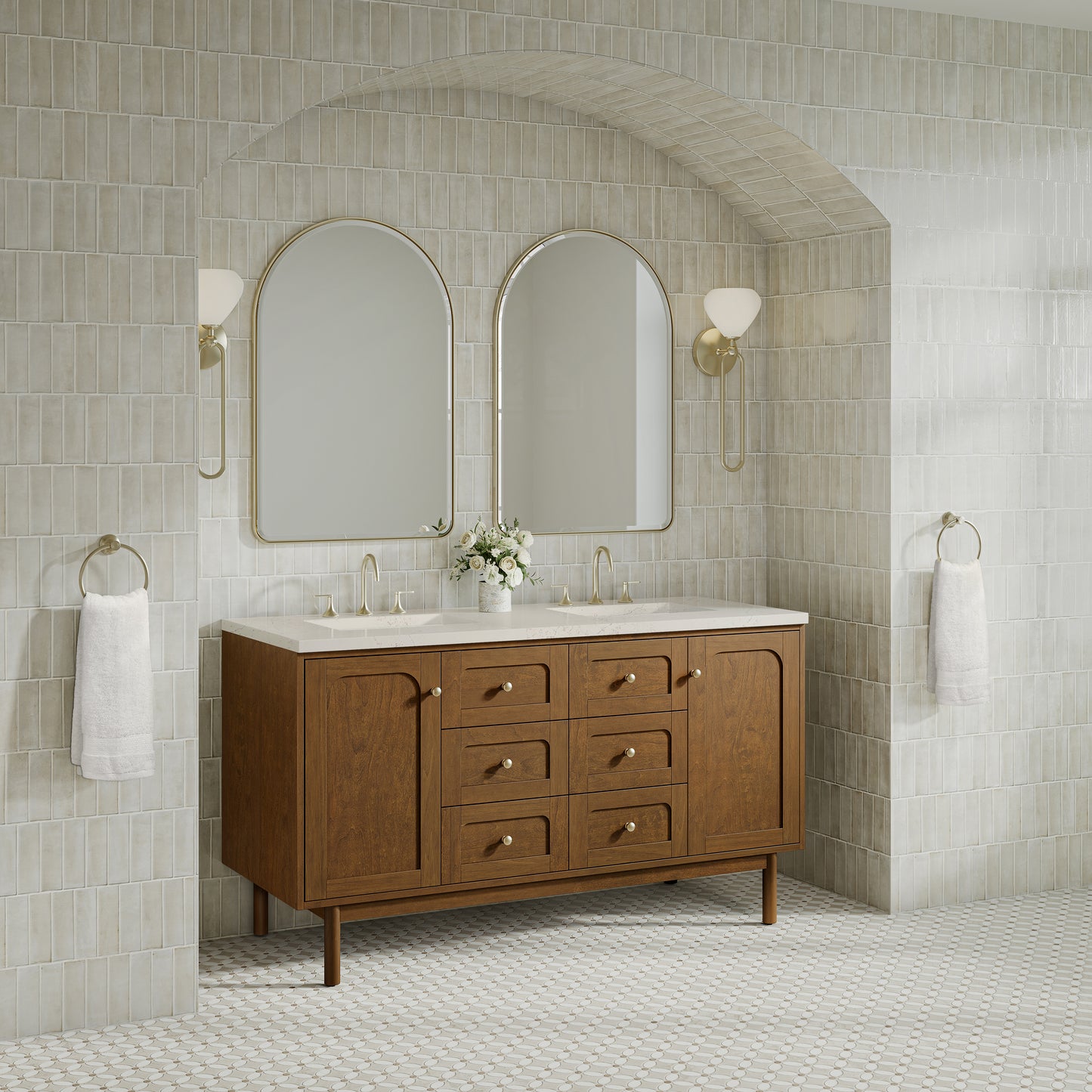 Renovate for Less Atlanta Laurent 60" Double Vanity, Honey Oak w/ 3 CM Siberian Silestone Top w/FreePower Wireless Charger