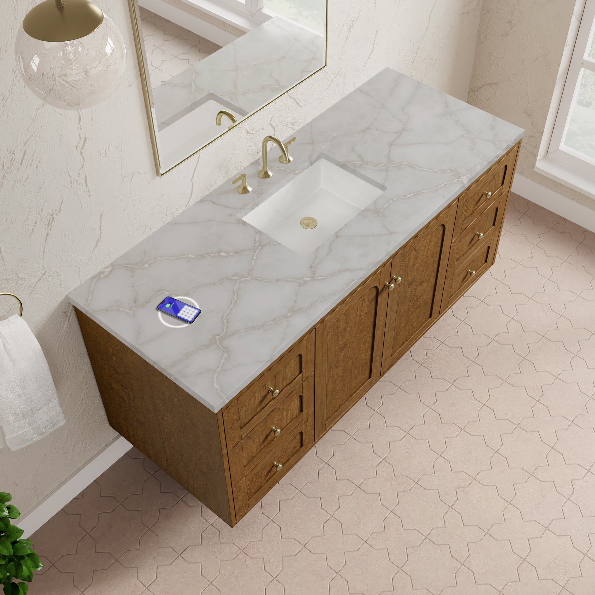 Renovate for Less Atlanta Laurent 60" Single Vanity, Honey Oak w/ 3 CM Victorian Silver Silestone Top w/FreePower Wireless Charger