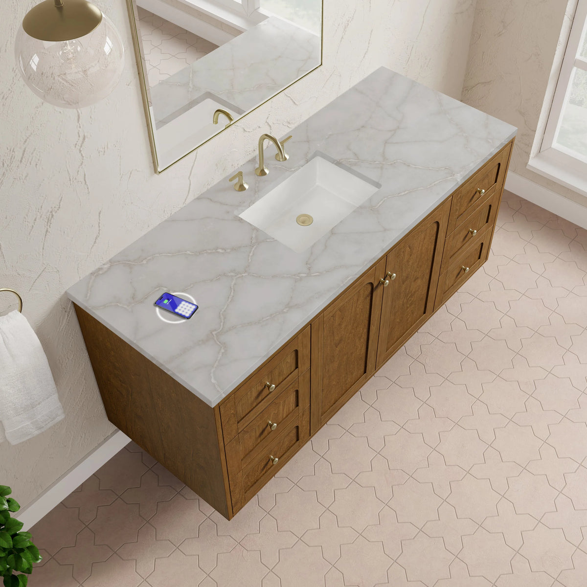 Laurent 60" Single Vanity, Honey Oak w/ 3 CM Victorian Silver Silestone Top w/FreePower Wireless Charger