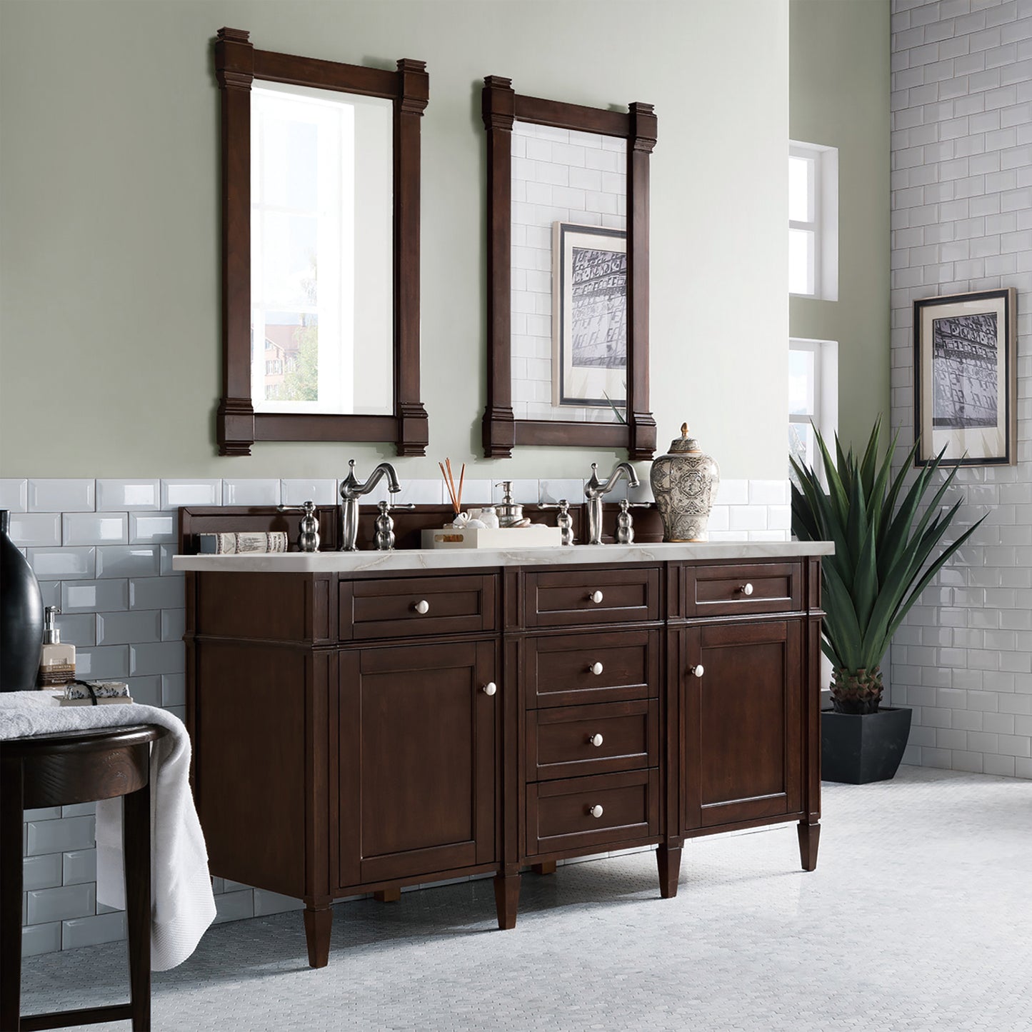 Renovate for Less Atlanta Brittany 60" Double Vanity, Burnished Mahogany w/ 3 CM Victorian Silver Silestone Top w/FreePower Wireless Charger
