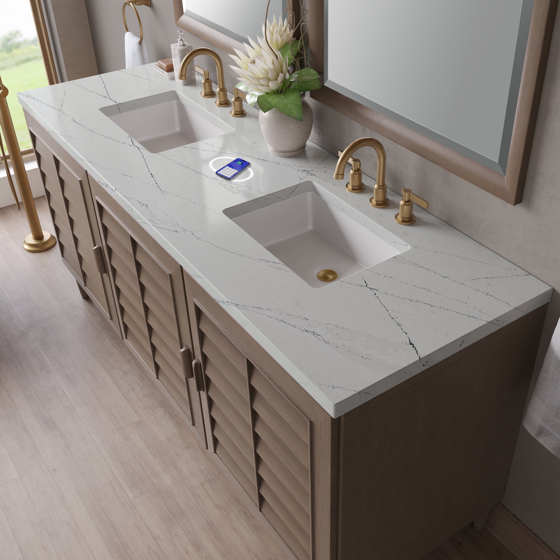 Renovate for Less Atlanta Portland 72" Double Vanity Whitewashed Walnut w/ 3 CM Ethereal Noctis Silestone Top w/FreePower Wireless Charger