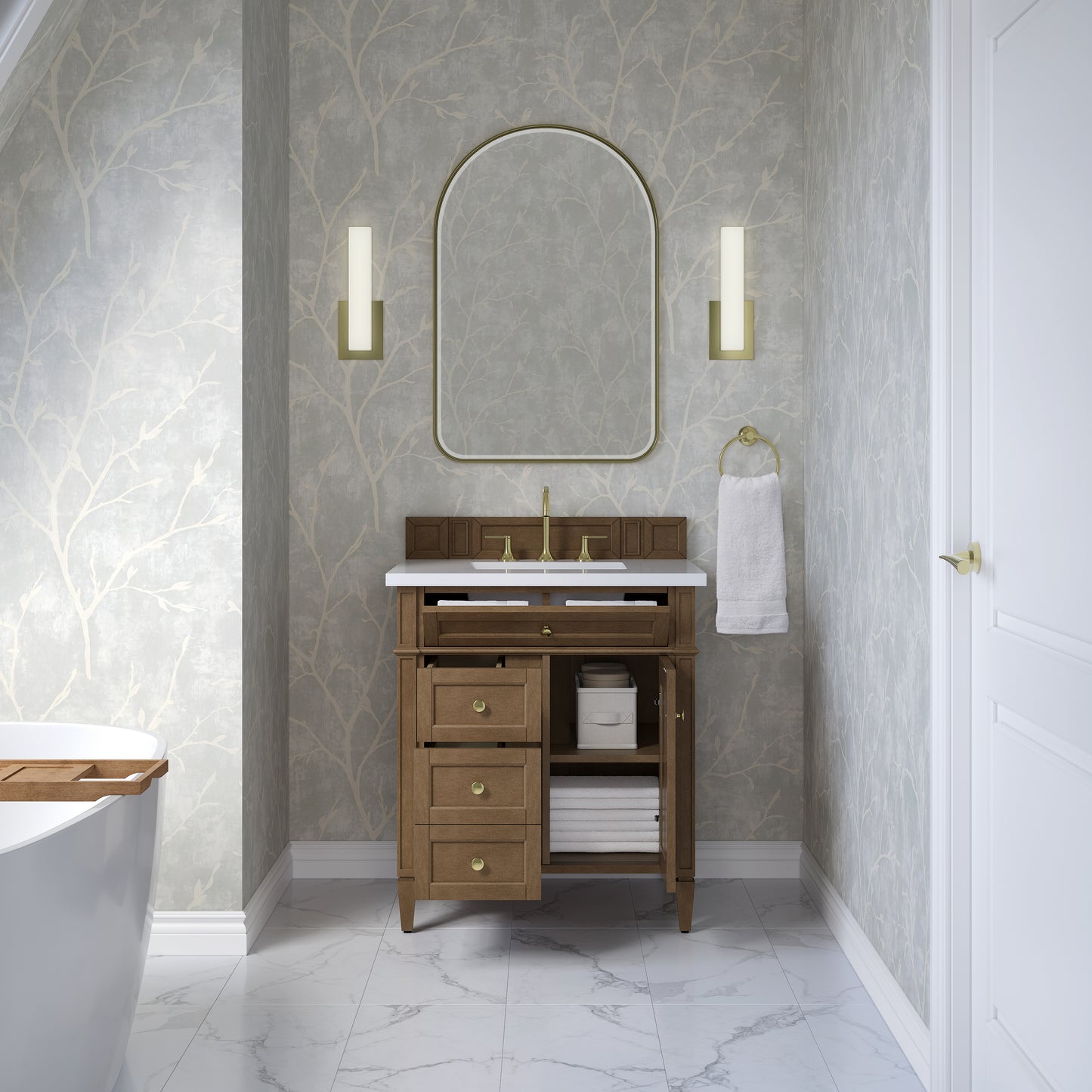 Renovate for Less Atlanta Brittany 30" Single Vanity, Pecan w/ 3 CM White Zeus Silestone Top