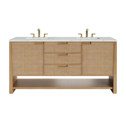 Renovate for Less Atlanta Solene 72" Double Vanity, Seaside Oak, w/ 3 CM Ethereal Noctis Quartz Top