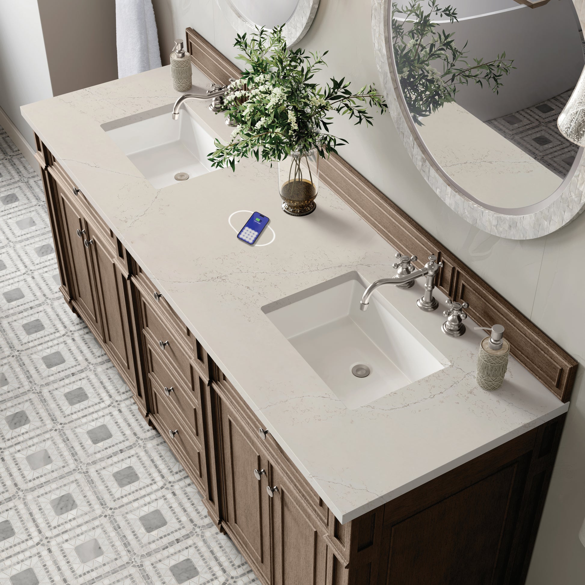 Renovate for Less Atlanta Bristol 72" Double Vanity, Whitewashed Walnut, w/ 3 CM Siberian Silestone Top w/FreePower Wireless Charger