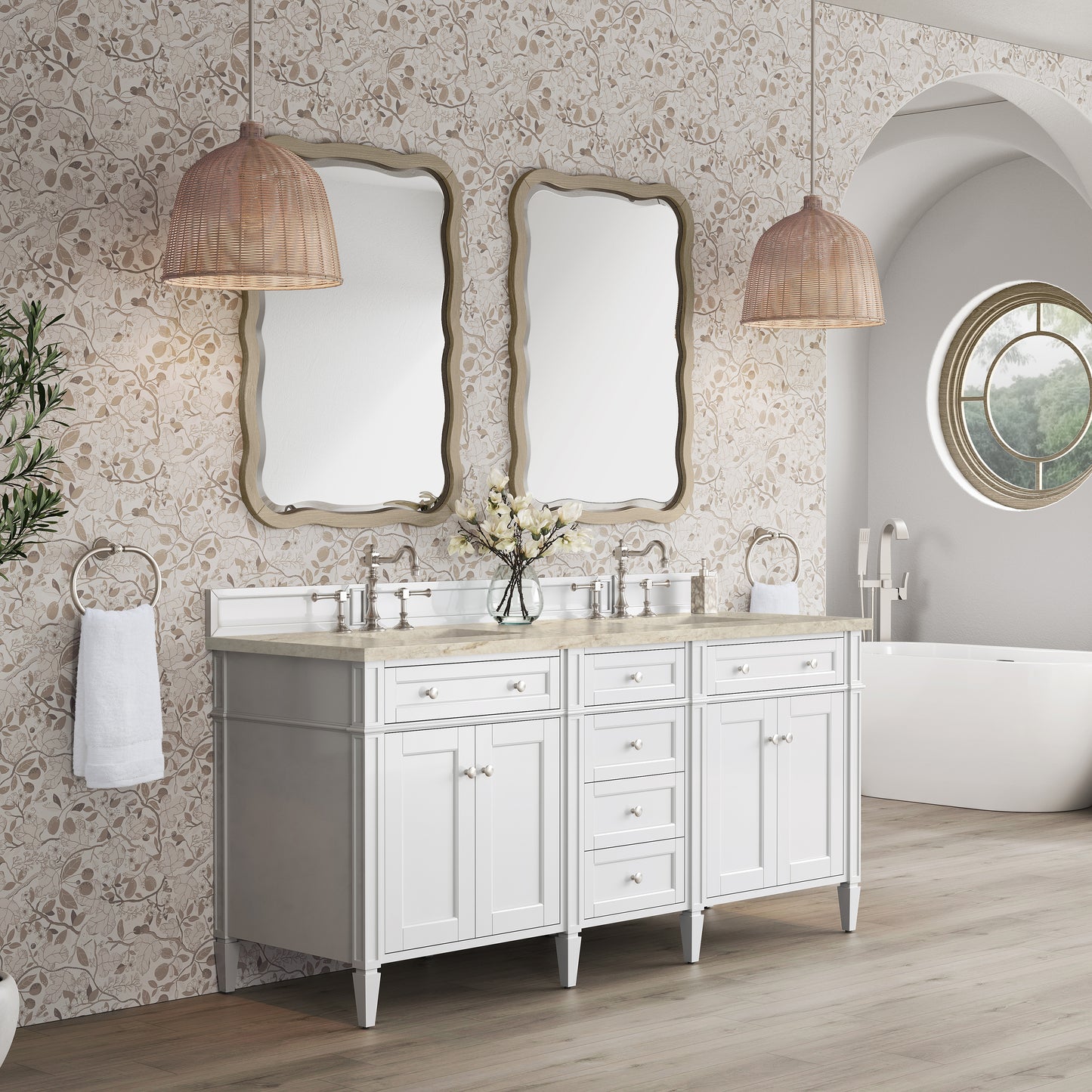 Renovate for Less Atlanta Brittany 72" Double Vanity in Bright White, w/ 3 CM Tajnar Eclos Top w/FreePower Wireless Charger