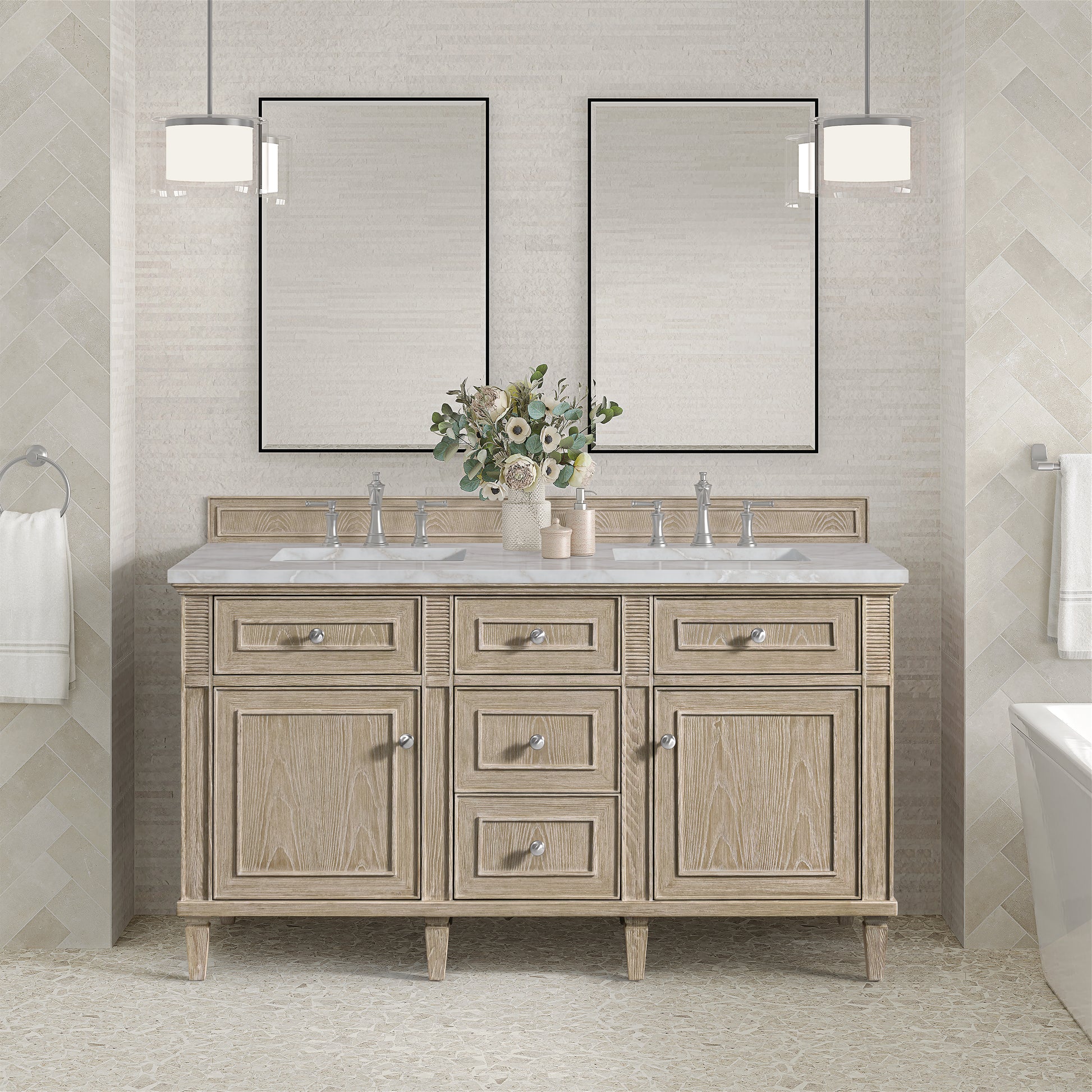 Renovate for Less Atlanta Lorelai 60" Double Vanity, Whitewashed Oak w/ 3 CM Victorian Silver Silestone Top w/FreePower Wireless Charger