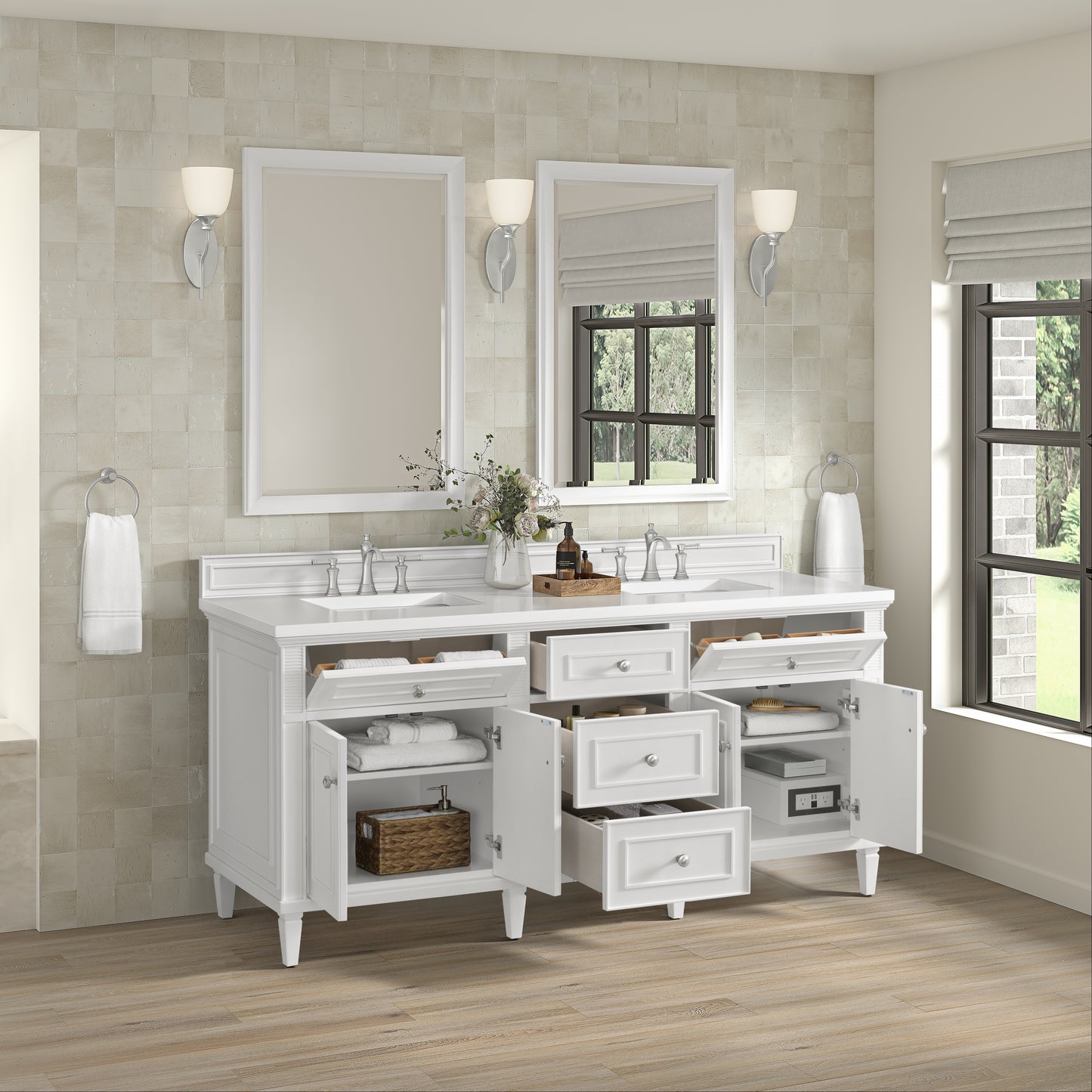 Renovate for Less Atlanta Lorelai 72" Double Vanity, Bright White w/ 3 CM White Zeus Silestone Top