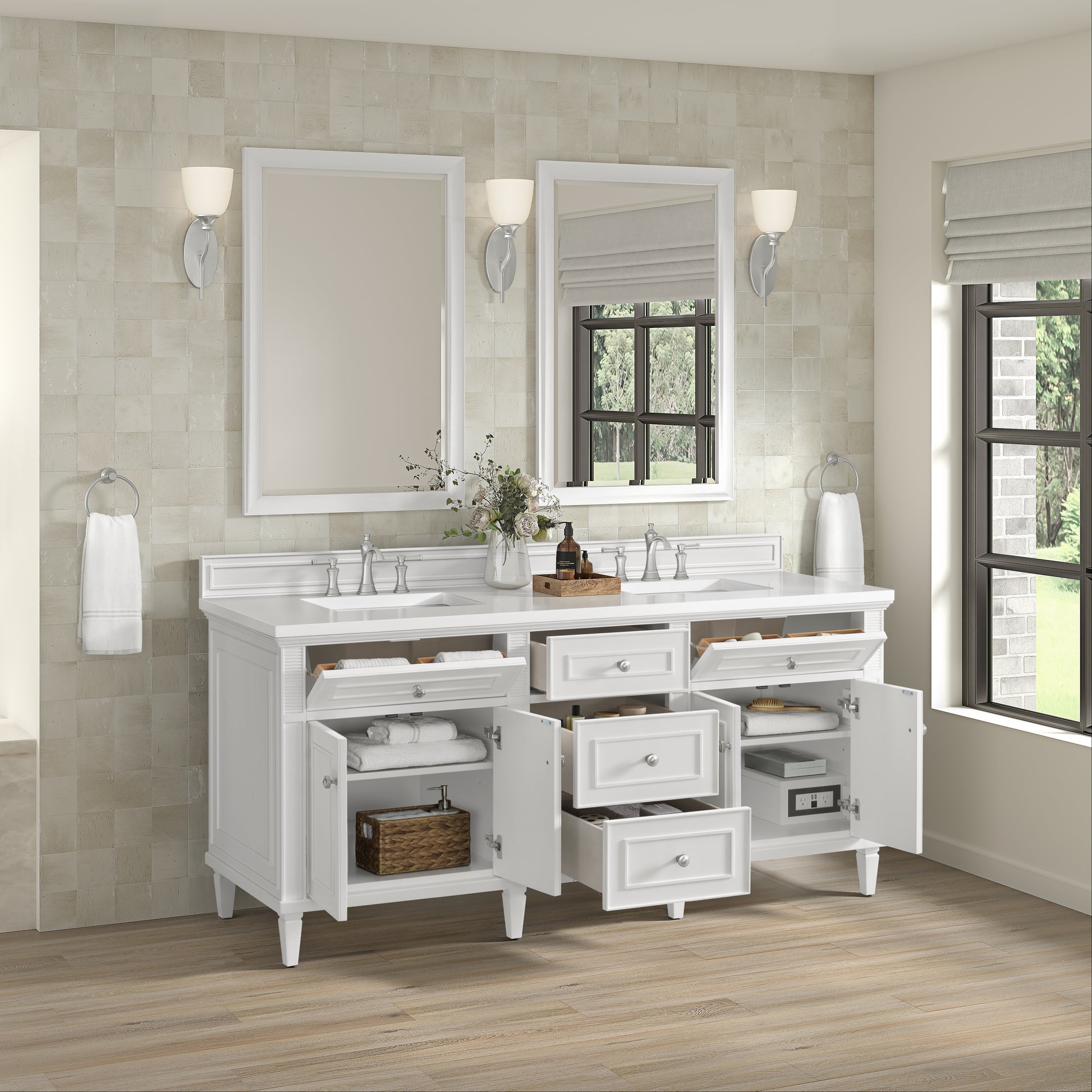 Renovate for Less Atlanta Lorelai 72" Double Vanity, Bright White w/ 3 CM White Zeus Silestone Top