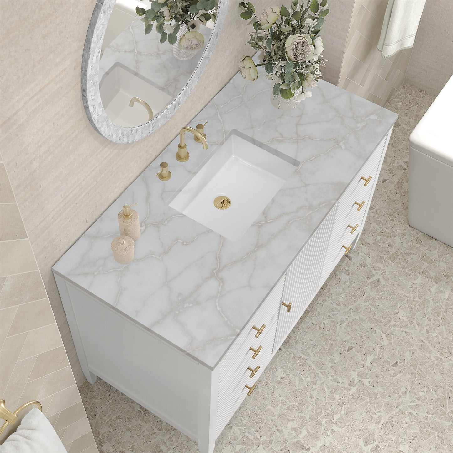 Renovate for Less Atlanta Myrrin 48" Single Vanity, Bright White w/ 3 CM Victorian Silver Silestone Top