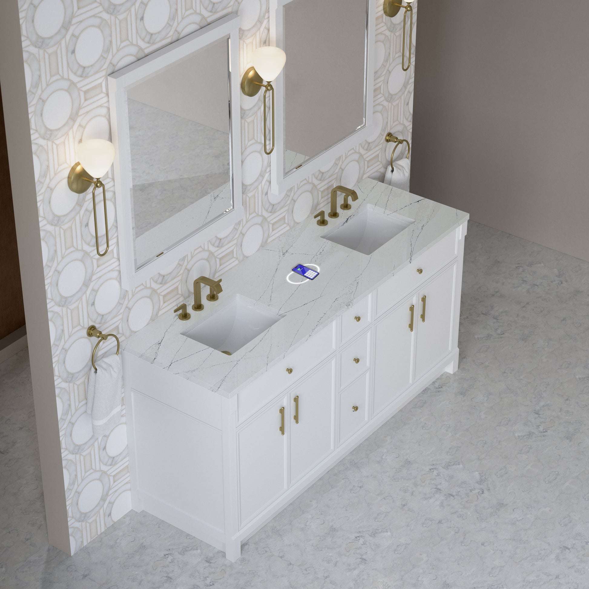 Renovate for Less Atlanta Bellshire 72" Double Vanity, Bright White w/ 3 CM Ethereal Noctis Silestone Top w/FreePower Wireless Charger