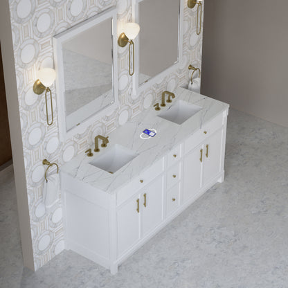 Renovate for Less Atlanta Bellshire 72" Double Vanity, Bright White w/ 3 CM Ethereal Noctis Silestone Top w/FreePower Wireless Charger