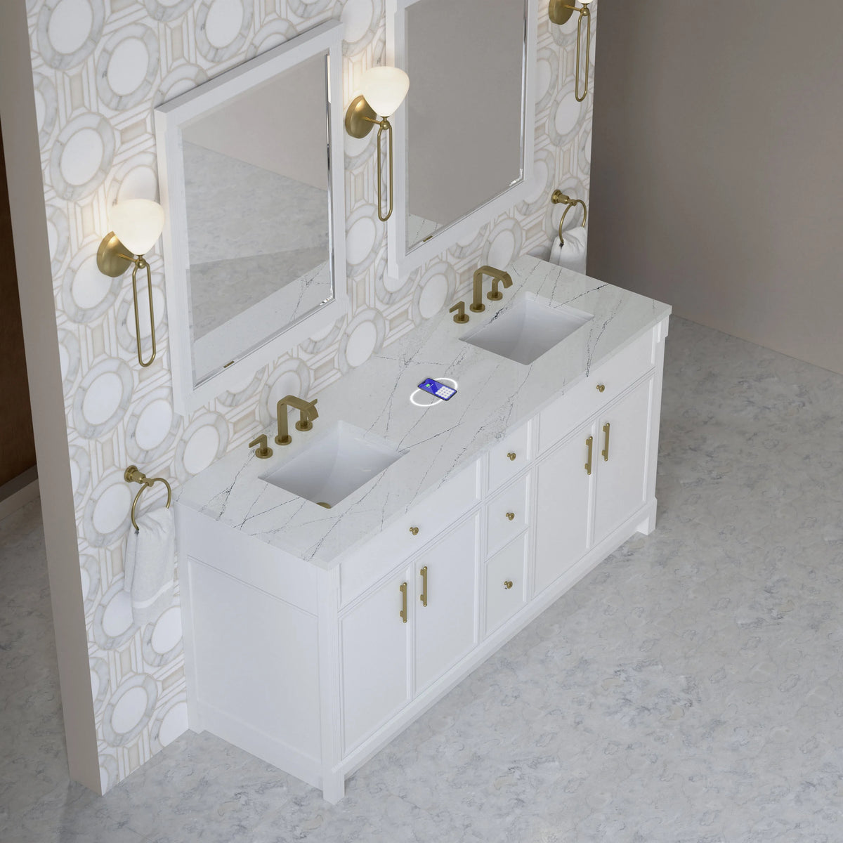 Bellshire 72" Double Vanity, Bright White w/ 3 CM Ethereal Noctis Silestone Top w/FreePower Wireless Charger
